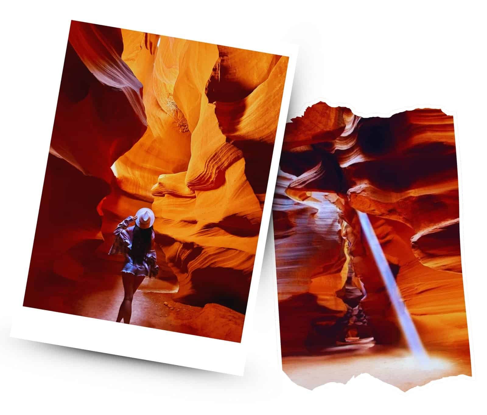 Traveler standing inside Antelope Canyon surrounded by flowing sandstone walls and glowing orange light, showcasing one of Earth’s stunning natural wonders.